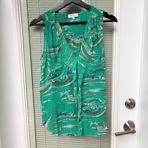 Babaton silk ruffled semi sheer sleeveless blouse size XS green patterned EUC